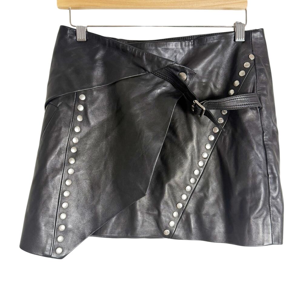 IRO Mupper Black Lamb Leather Studded Belted Moto Biker Mini Skirt L - Picture 6 of 13